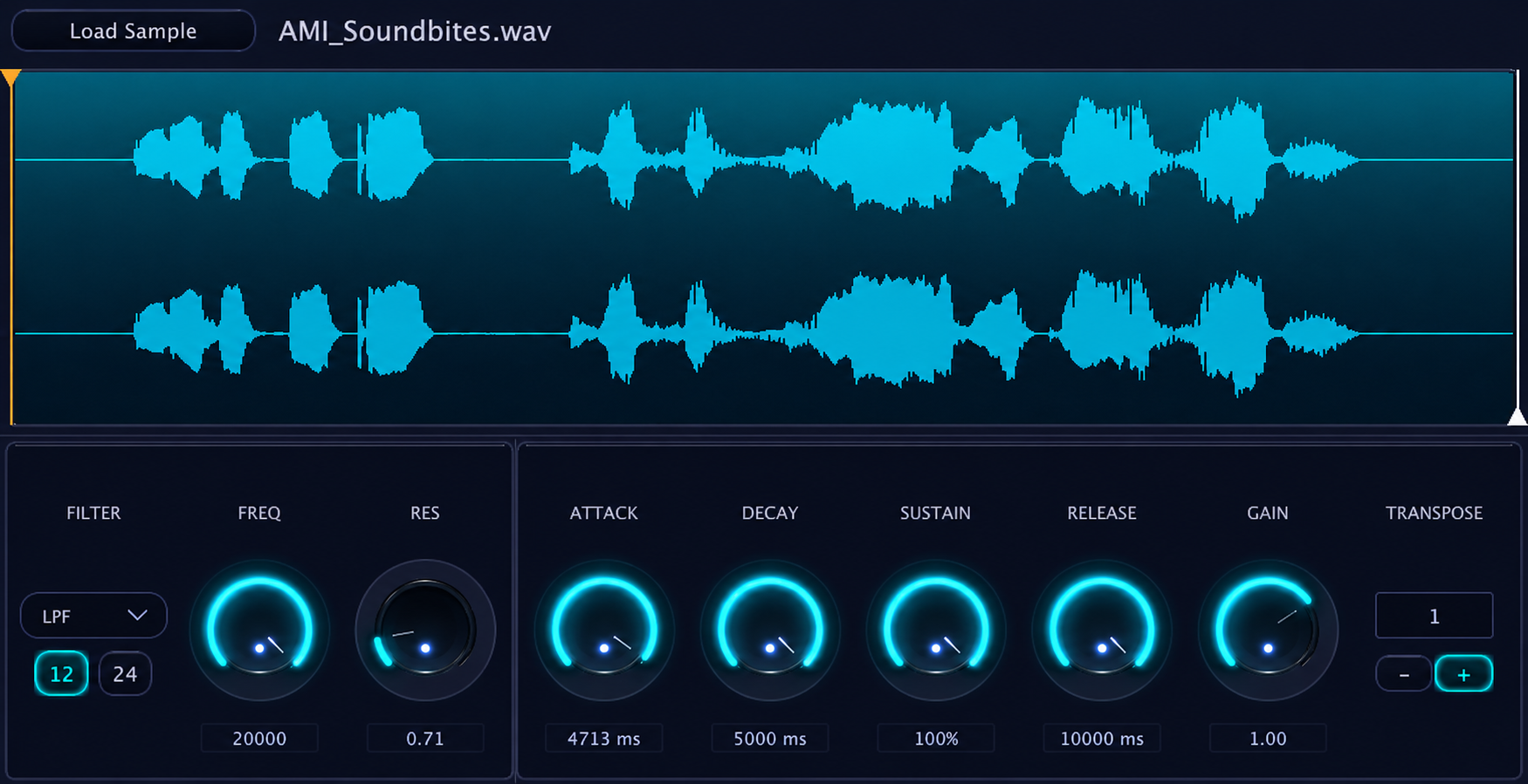 Core Sampler interface showing a loaded sample, waveform controls, filter, envelope, gain, and tuning